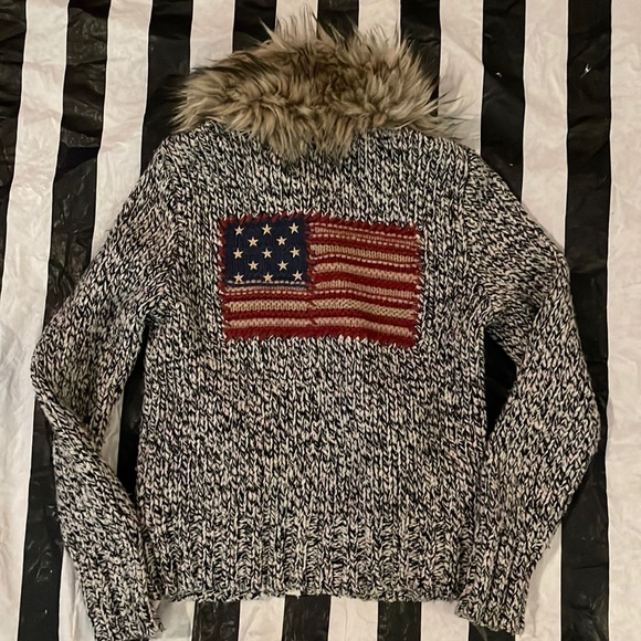 Ralph Lauren Other - Ralph Lauren Sz M Black & White Full Zip Fur Collar Cardigan w American Flag